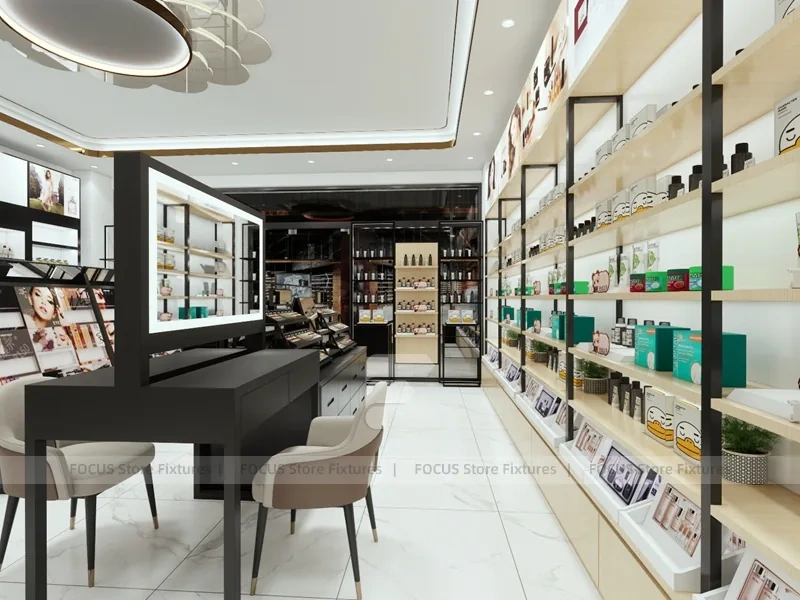 Overhead Beauty Store Floor Layout with Blue Display Wall
