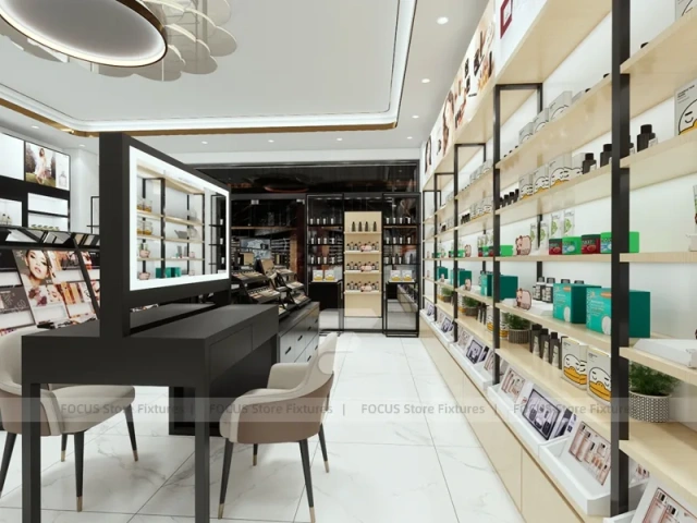 Overhead Beauty Store Floor Layout with Blue Display Wall