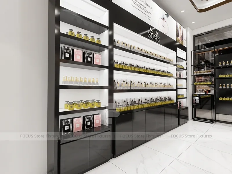 Overhead Beauty Store Floor Layout with Blue Display Wall