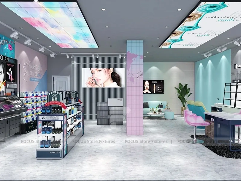 Pastel Mint Beauty Store with Black Island Displays