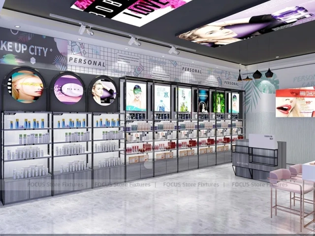 Pastel Mint Beauty Store with Black Island Displays
