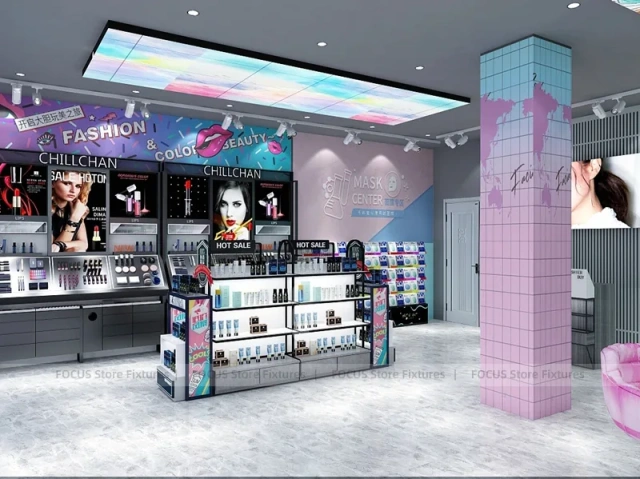 Pastel Mint Beauty Store with Black Island Displays