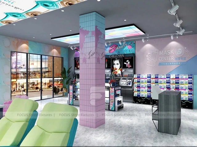 Pastel Mint Beauty Store with Black Island Displays