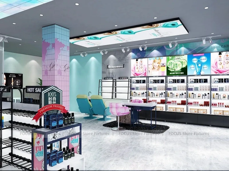 Pastel Mint Beauty Store with Black Island Displays