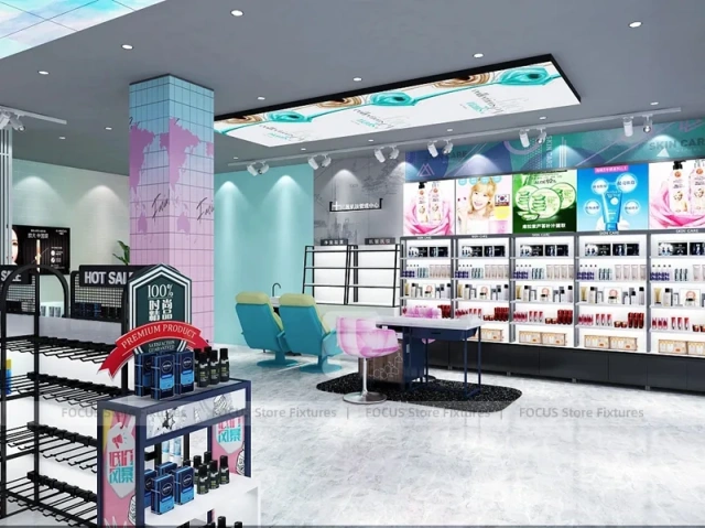 Pastel Mint Beauty Store with Black Island Displays
