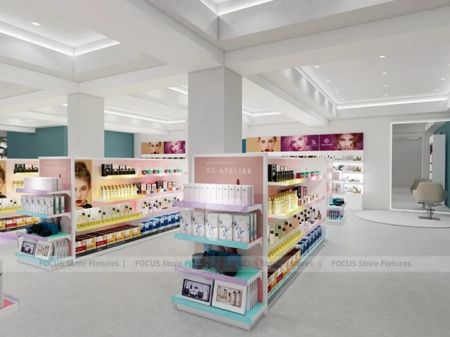 Pastel Pink Beauty Retail Store with Central Gondolas