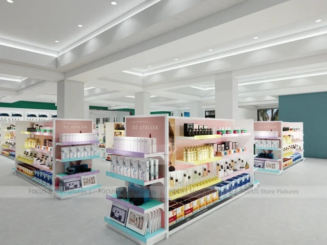 Pastel Pink Beauty Retail Store with Central Gondolas