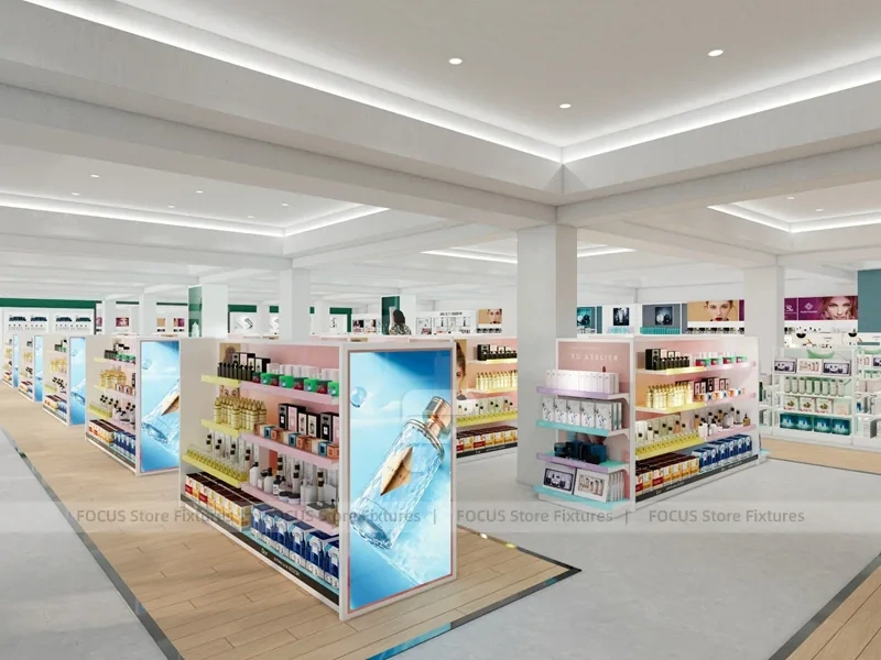 Pastel Pink Cosmetics Store Gondola Shelving