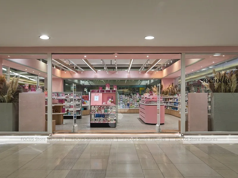 Pink Arched Cosmetics Boutique with Seating Area