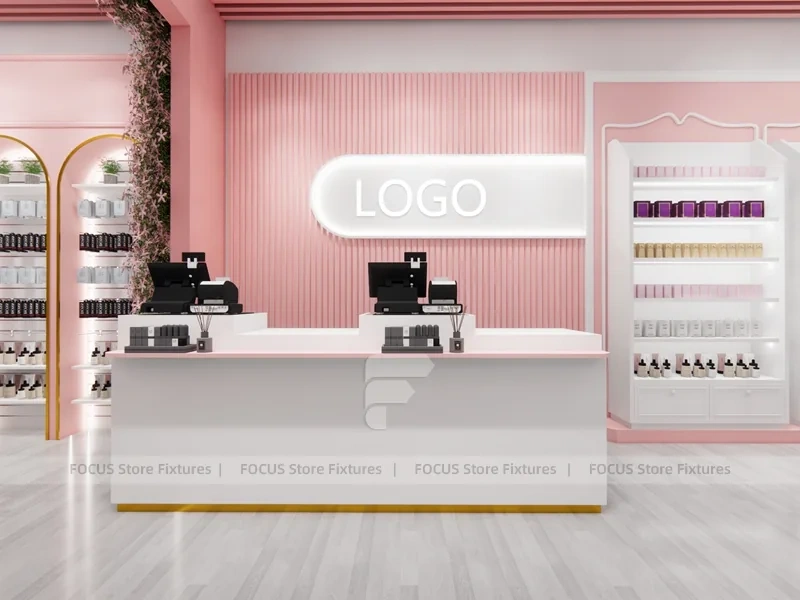 Pink Beauty Reception Counter with Arched Shelving