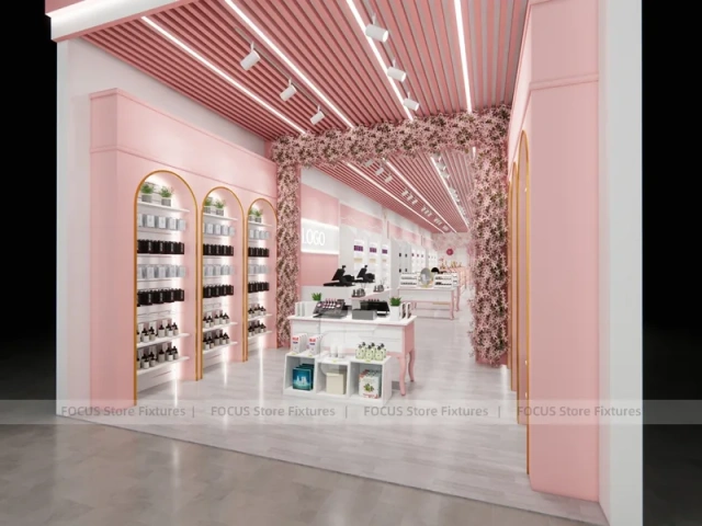 Pink Beauty Reception Counter with Arched Shelving
