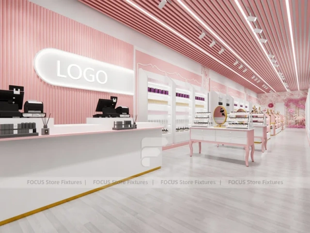 Pink Beauty Reception Counter with Arched Shelving