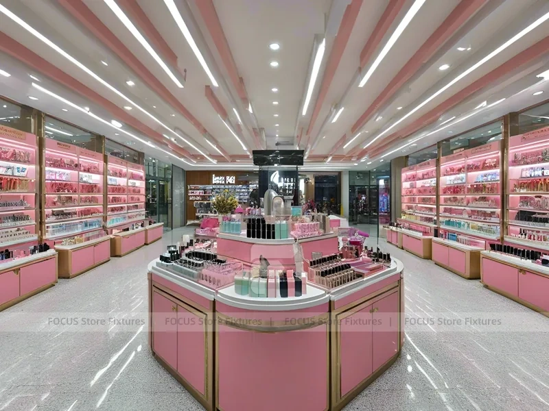 Pink Cosmetics Store with Curved Island Counter