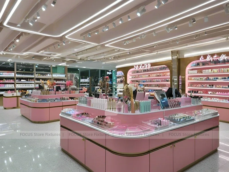 Pink Cosmetics Store with Curved Island Counter