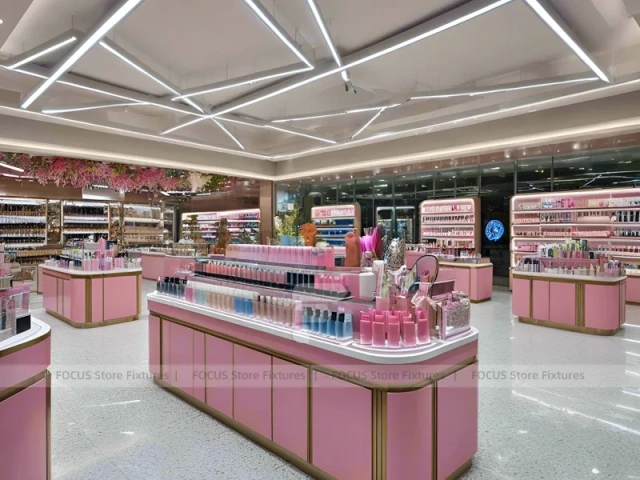 Pink Cosmetics Store with Curved Island Counter