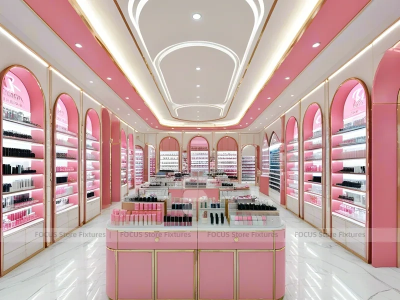 Pink Cosmetics Store with Island Gondolas