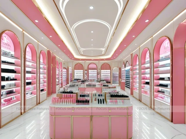 Pink Cosmetics Store with Island Gondolas