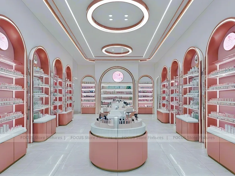 Pink Cosmetics Store with Island Gondolas