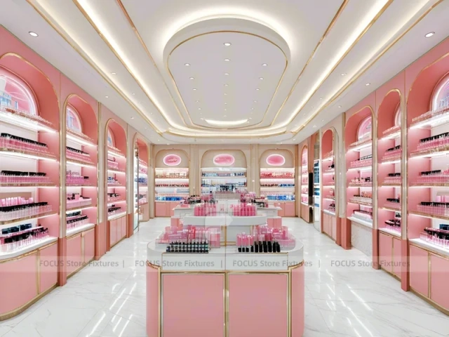 Pink Cosmetics Store with Island Gondolas