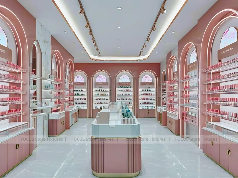 Pink Cosmetics Store with Island Gondolas