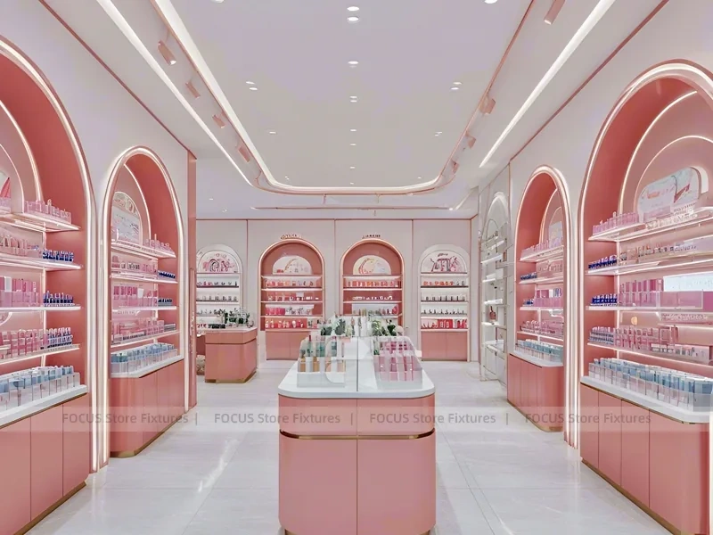 Pink Cosmetics Store with Island Gondolas