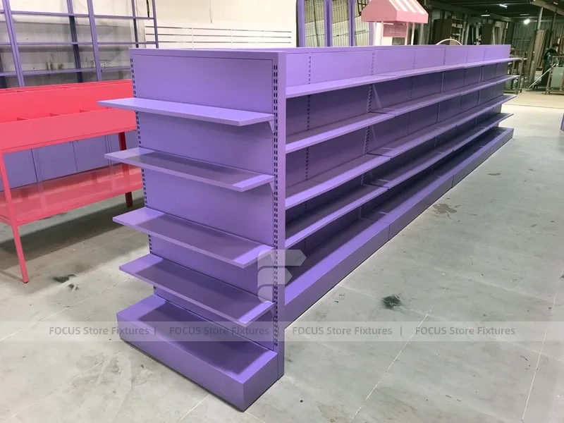 Purple Double Sided Gondola Shelving Fixture