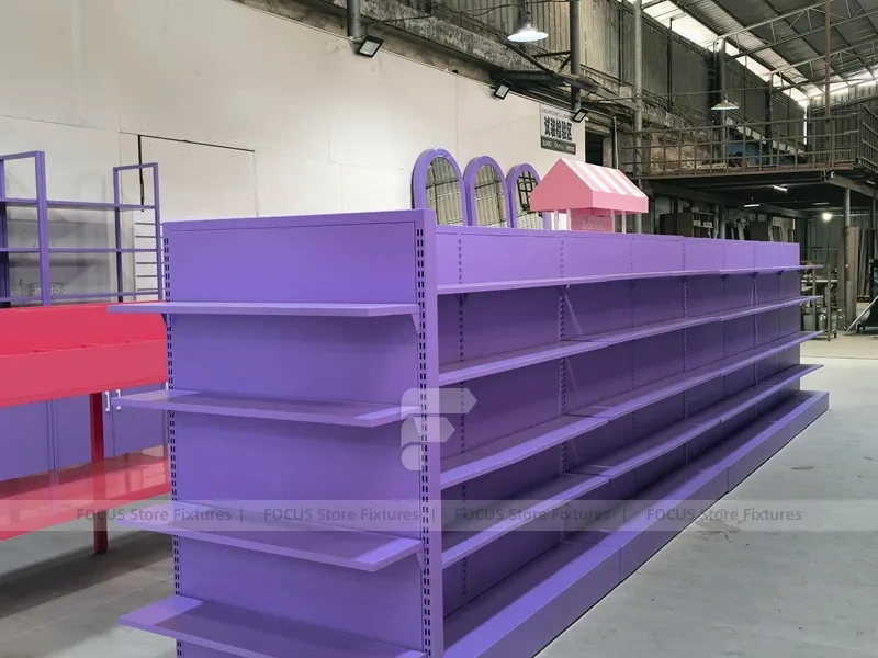 Purple Double Sided Gondola Shelving Fixture