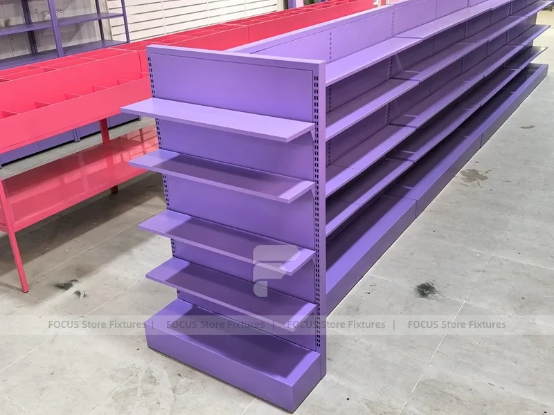 Purple Double Sided Gondola Shelving Fixture