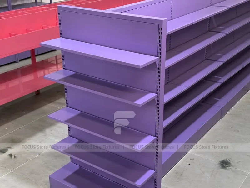Purple Double Sided Gondola Shelving Fixture