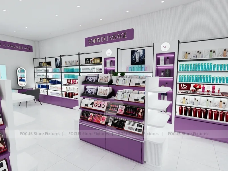 Purple Makeup Gondola and Wall Shelving