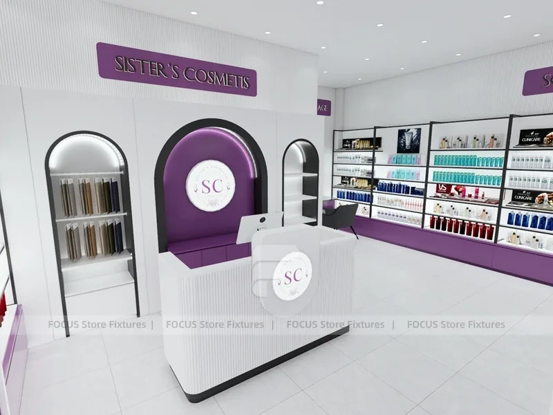 Purple Makeup Gondola and Wall Shelving