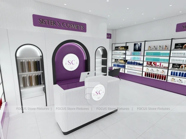 Purple Makeup Gondola and Wall Shelving