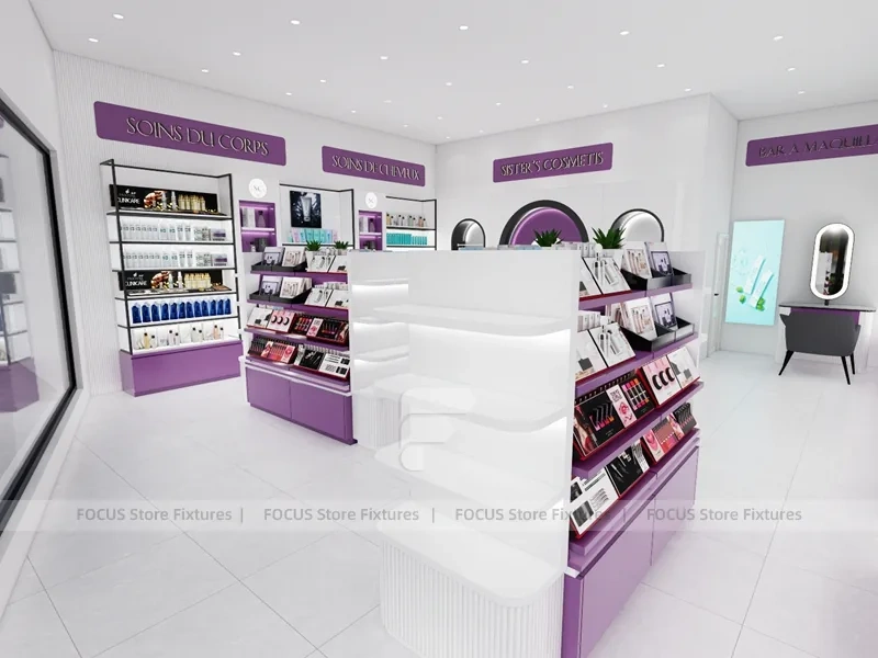 Purple Makeup Gondola and Wall Shelving