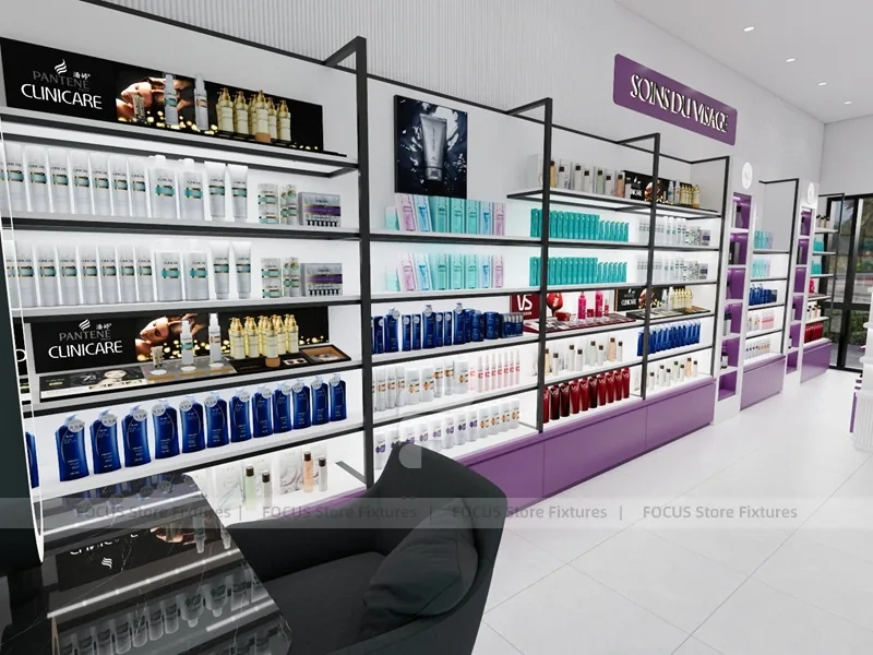 Purple Makeup Gondola and Wall Shelving