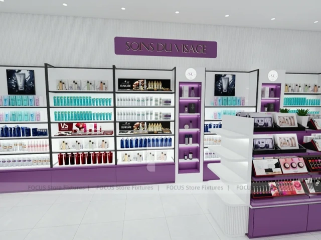 Purple Makeup Gondola and Wall Shelving