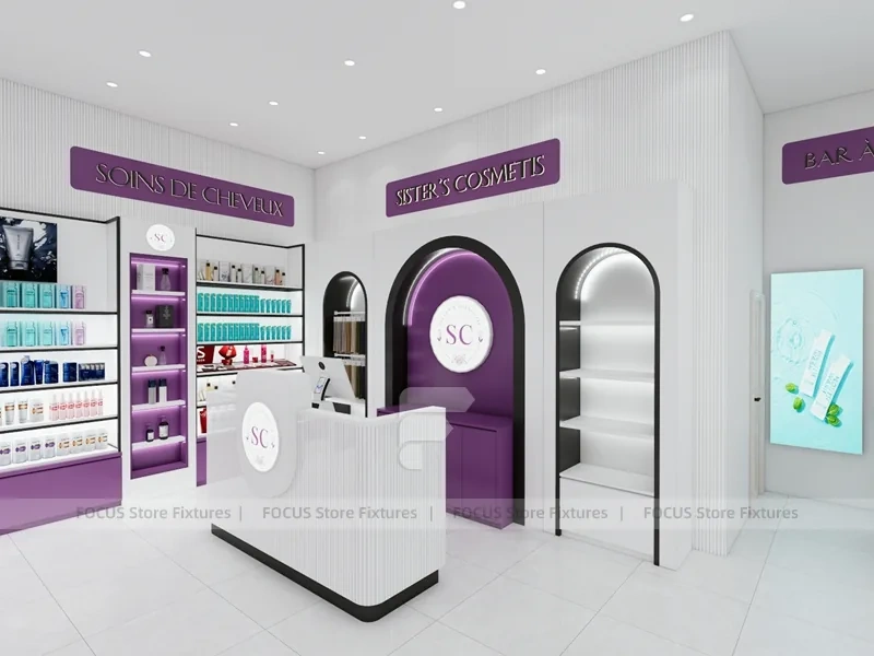 Purple Makeup Gondola and Wall Shelving