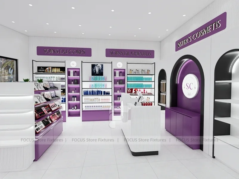 Purple Makeup Gondola and Wall Shelving