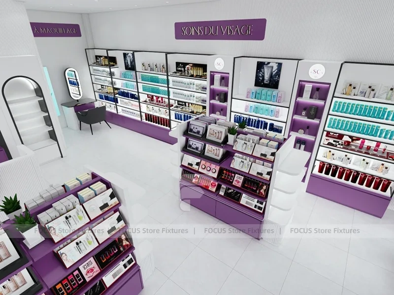 Purple Makeup Gondola and Wall Shelving