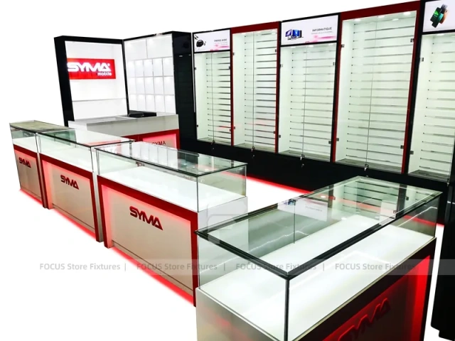 Red Black Phone Wall Display With Glass Counter