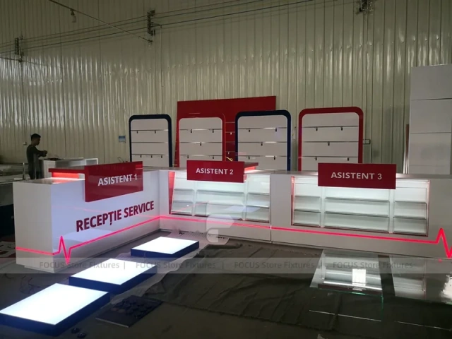 Red White Assistant Phone Counter Wall System