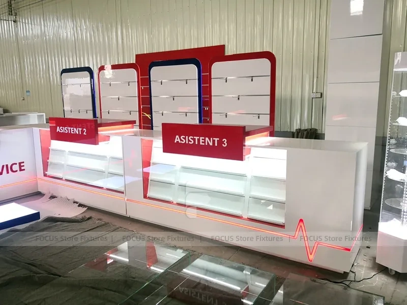 Red White Assistant Phone Counter Wall System