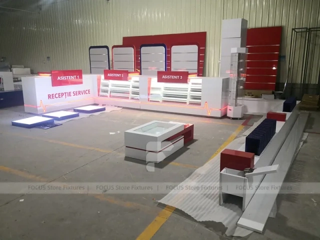 Red White Assistant Phone Counter Wall System