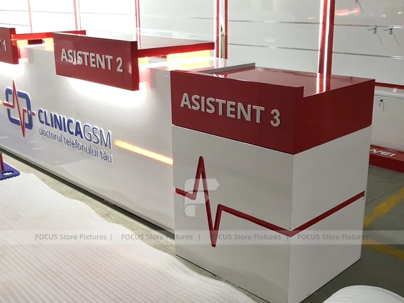 Red White Assistant Phone Counter Wall System