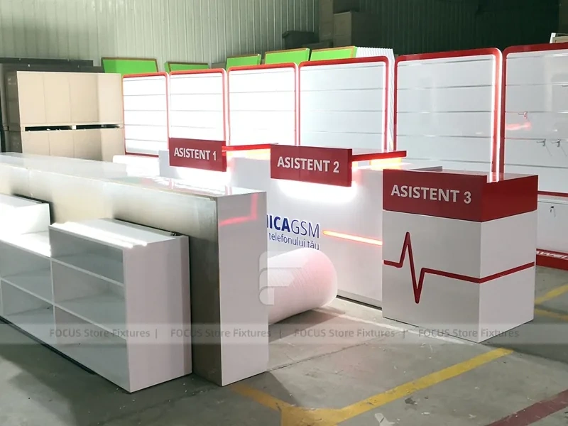 Red White Assistant Phone Counter Wall System