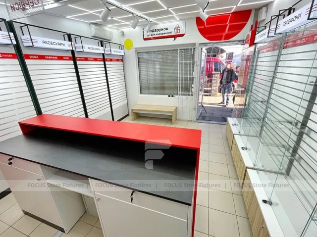Red White Phone Service Counter Interior