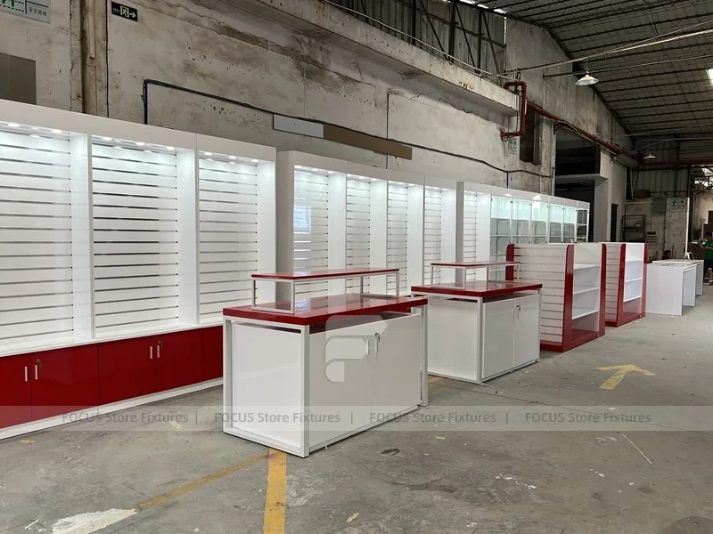 Red White Slatwall Mobile Store Fixture