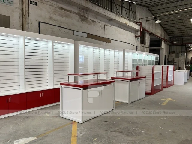 Red White Slatwall Mobile Store Fixture