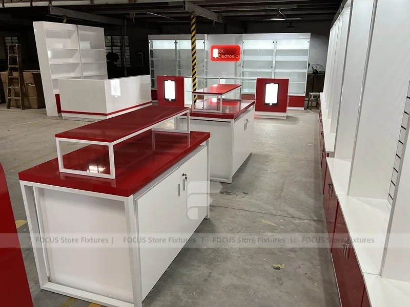 Red White Slatwall Mobile Store Fixture