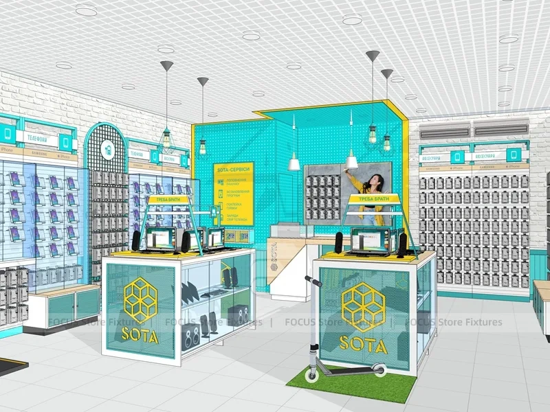 Teal White Mobile Accessories Store Interior