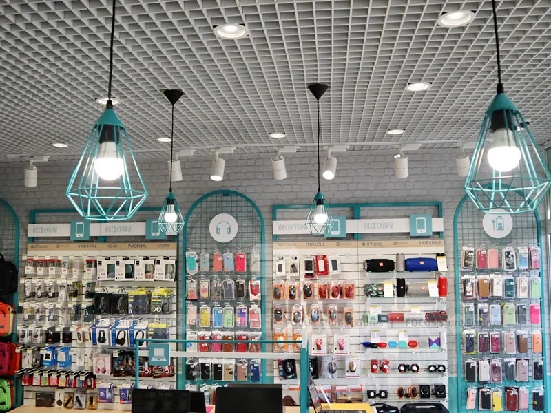 Teal White Mobile Accessories Store Interior
